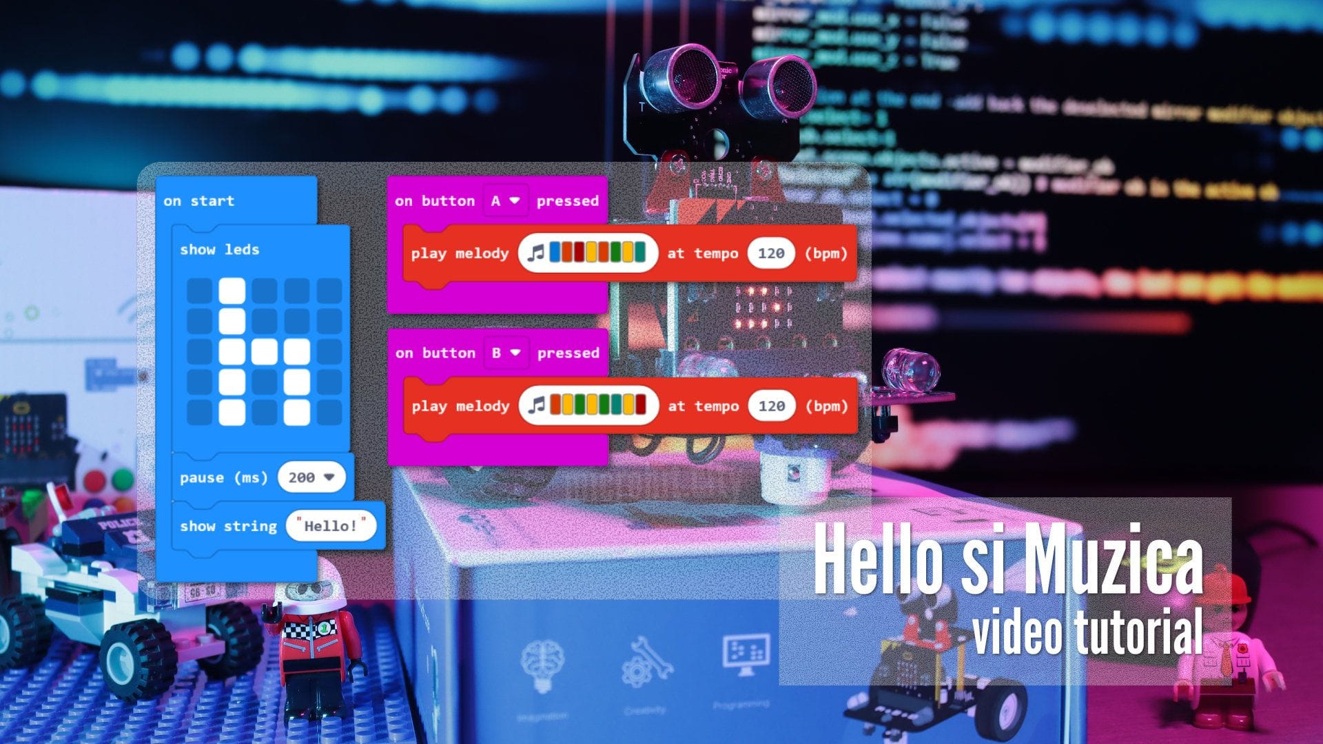 micro:bit, afiseaza Hello si Sound